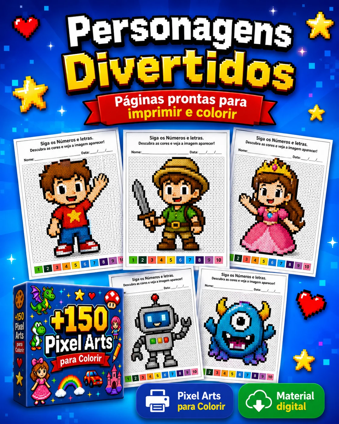 Exemplo de personagens divertidos em pixel art para colorir