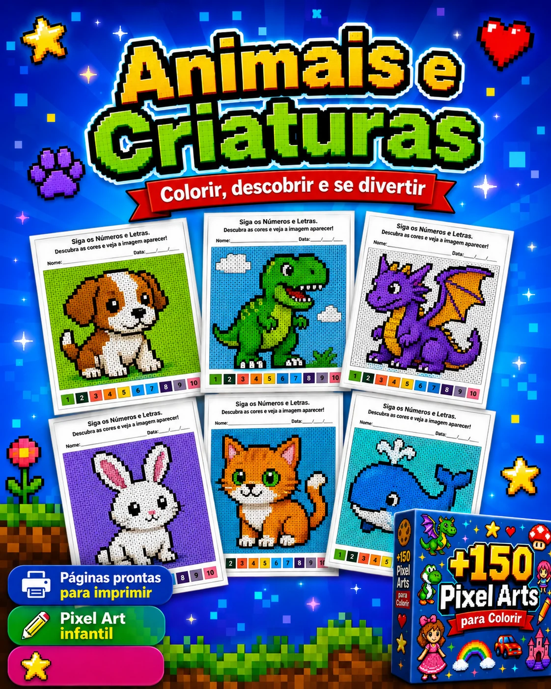 Exemplo de animais e criaturas em pixel art para colorir