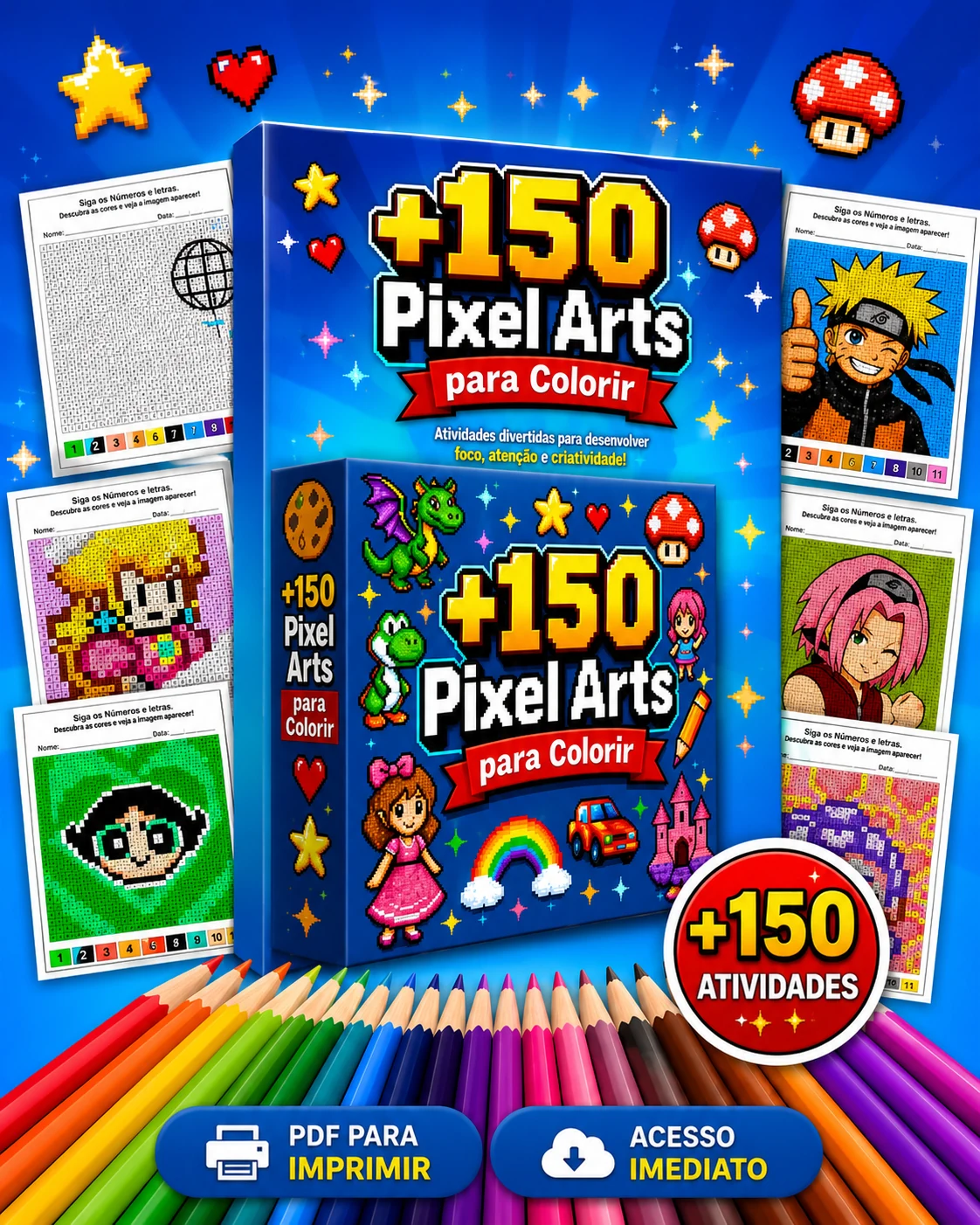 Mockup do pacote PixelKids Criativo com mais de 150 pixel arts para colorir