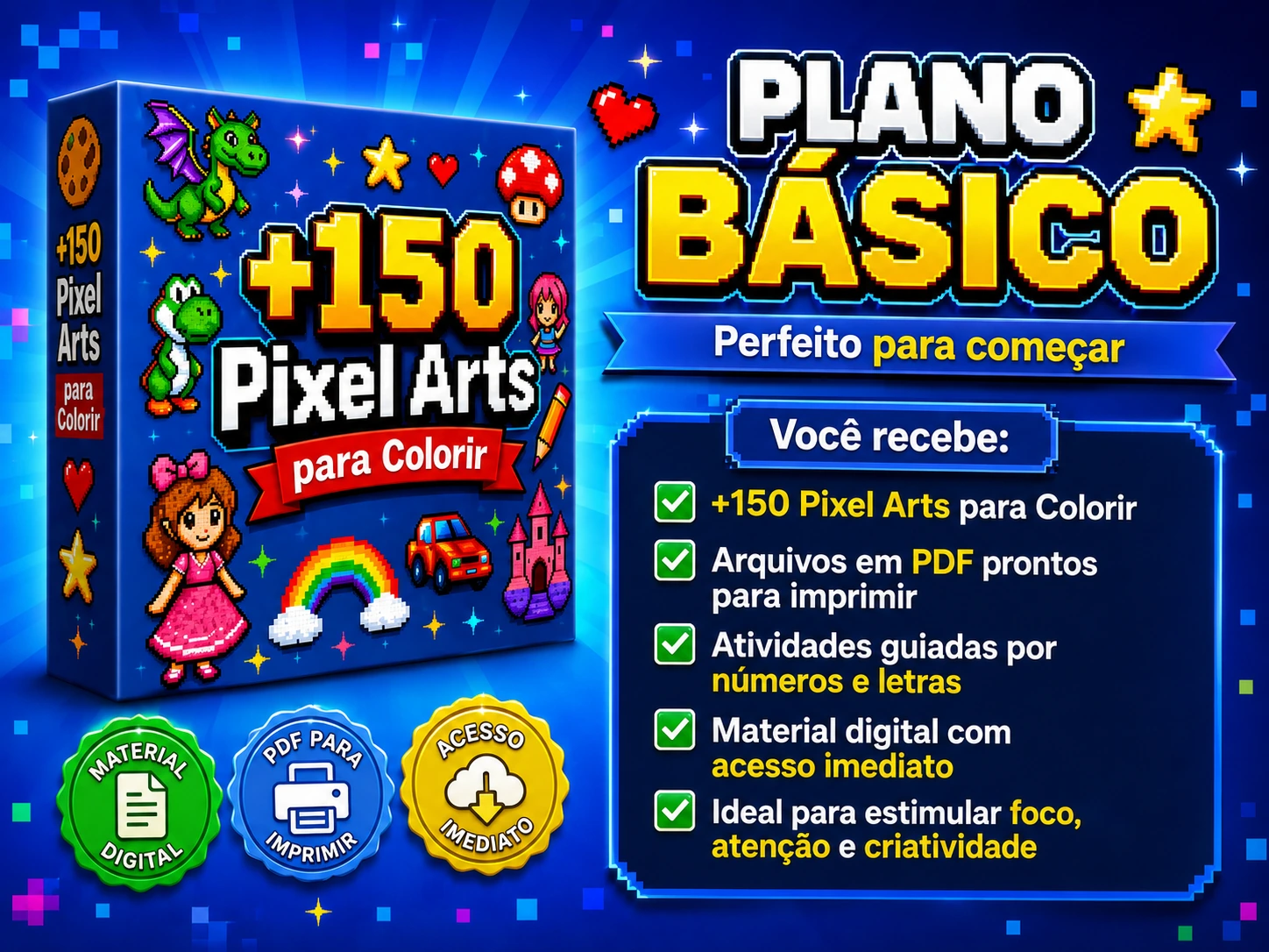 Visual do plano básico PixelKids com o conteúdo principal incluído