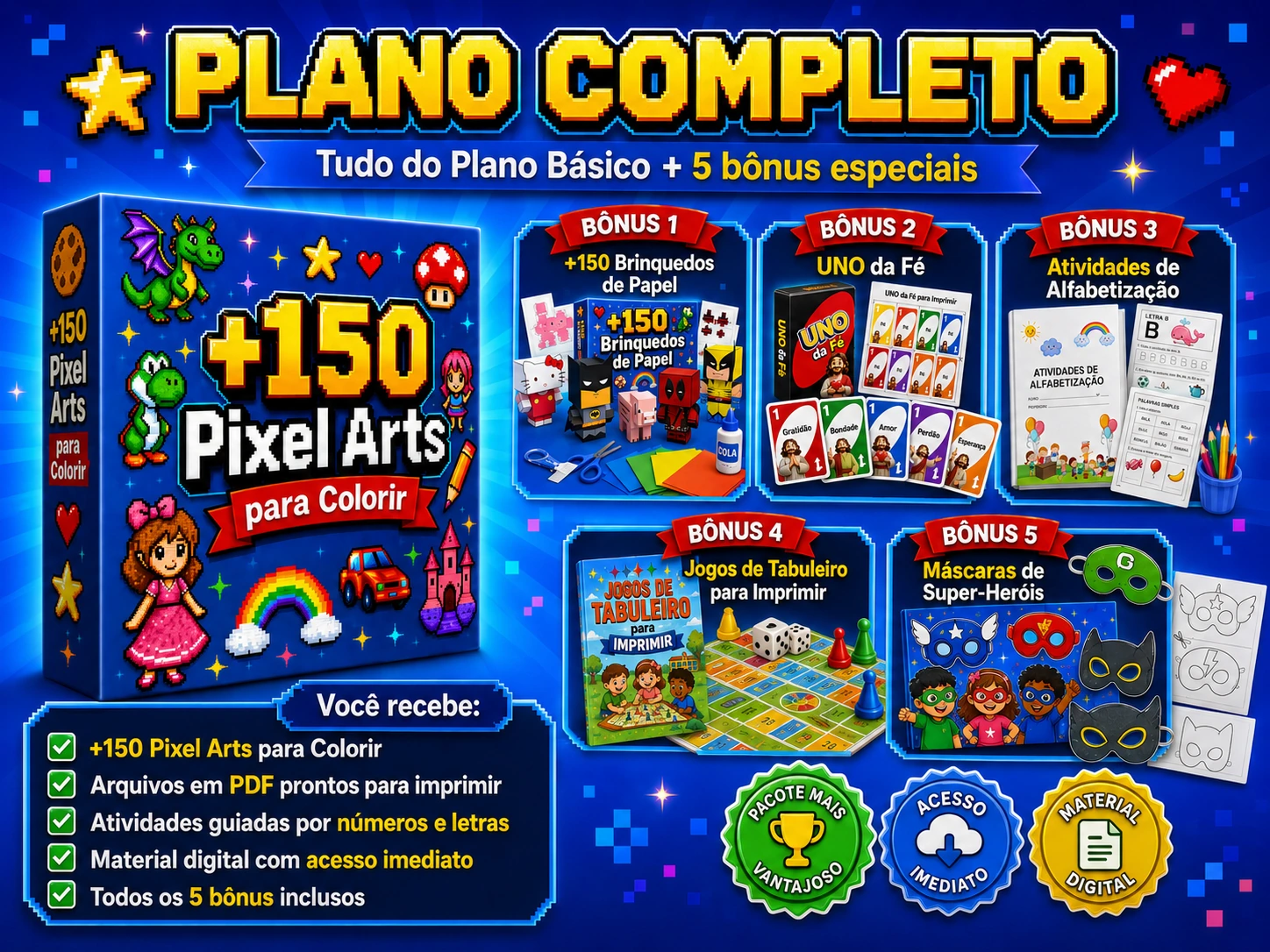 Visual do plano completo PixelKids com o pacote principal e os cinco bônus inclusos
